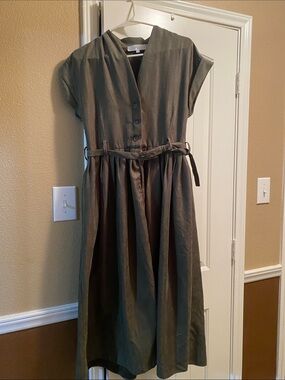V-Neck Olive Midi Dress with Removable Belt